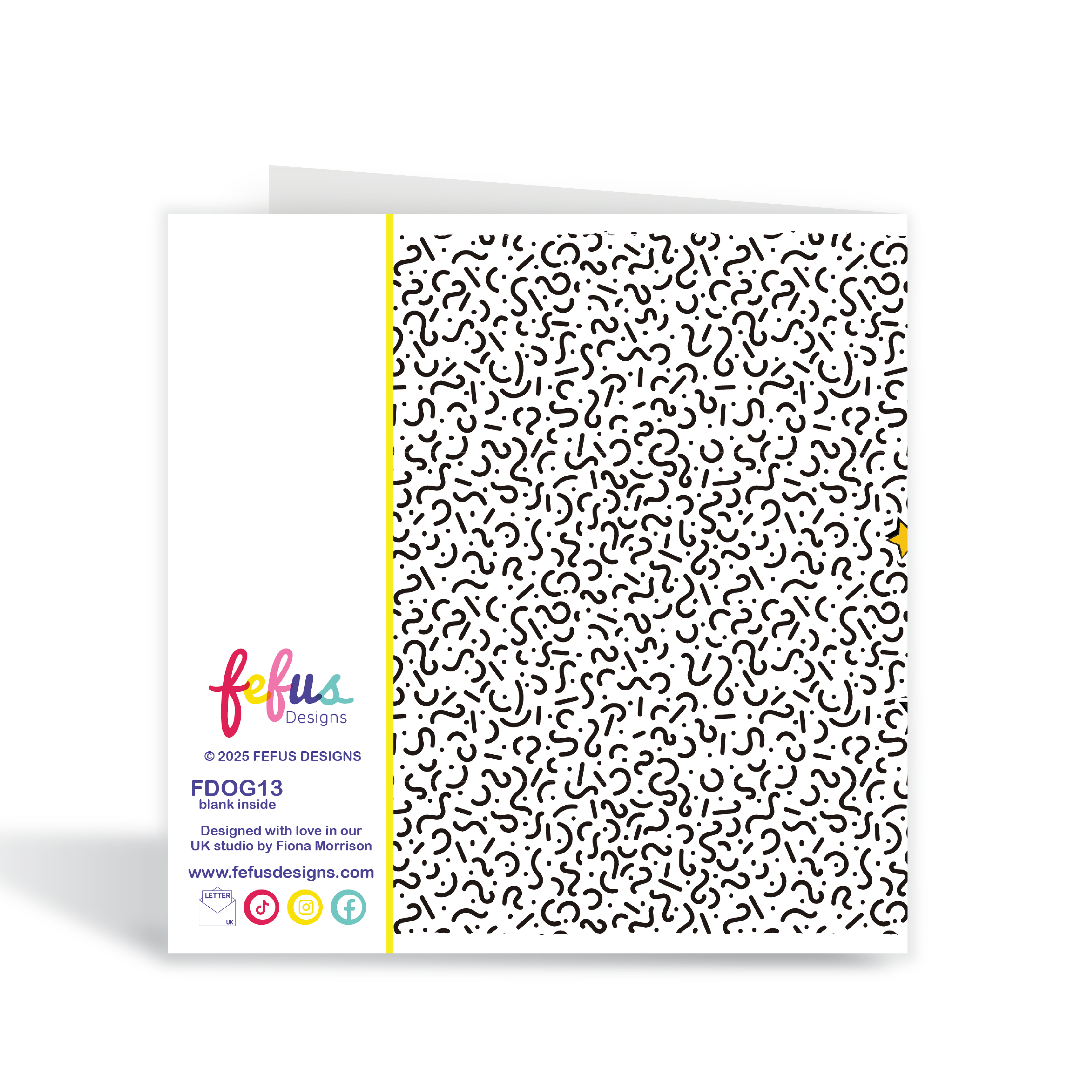 Notebook with a black and white pattern on a white background, featuring the brand 'fefus Designs'. Square greeting card with envelope – Fearless Queen Black girl affirmation birthday card