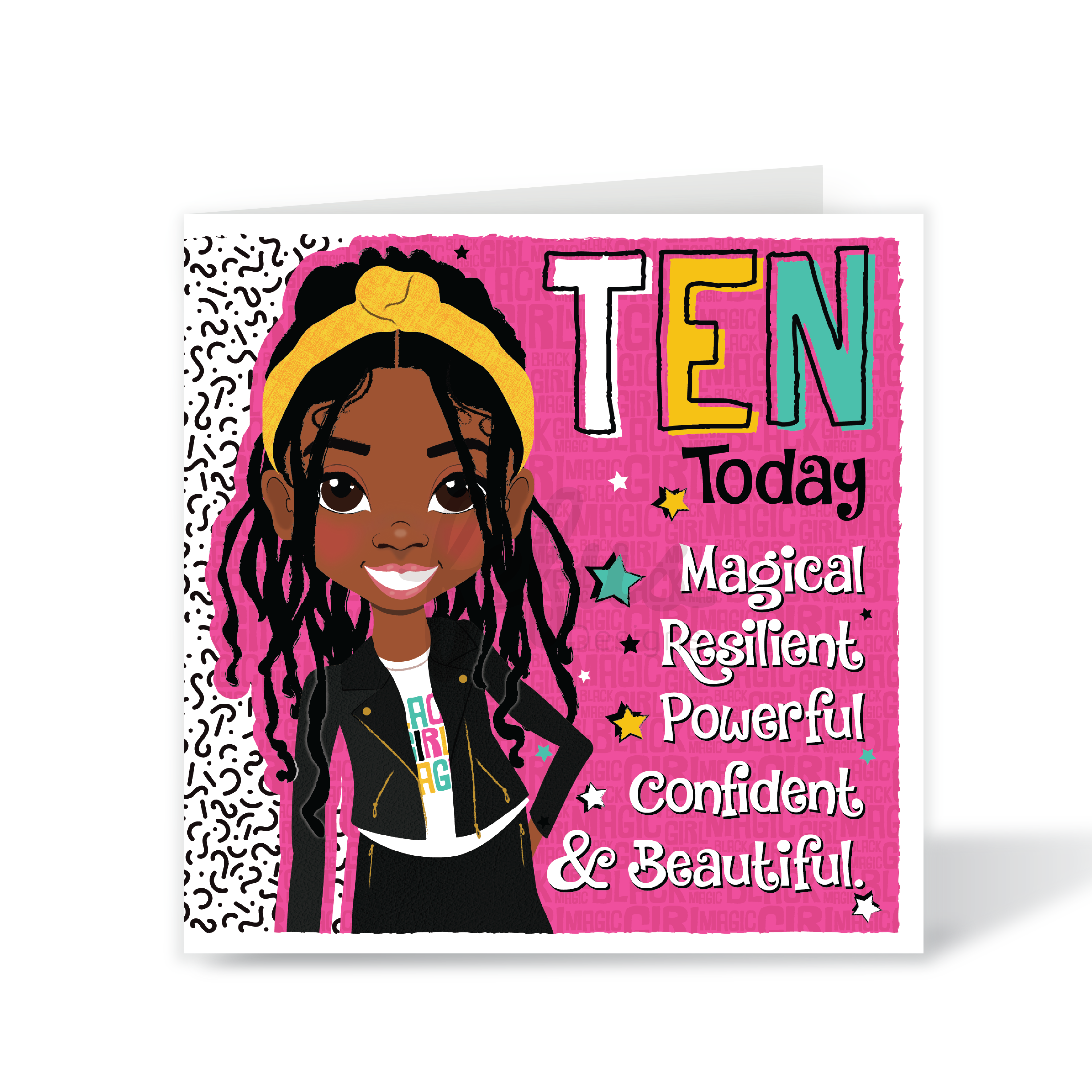 Black girl 10th birthday card with afro braids and queen affirmation design. Card with a young girl's illustration and text celebrating her 10th birthday. Designed by Fefus Designs