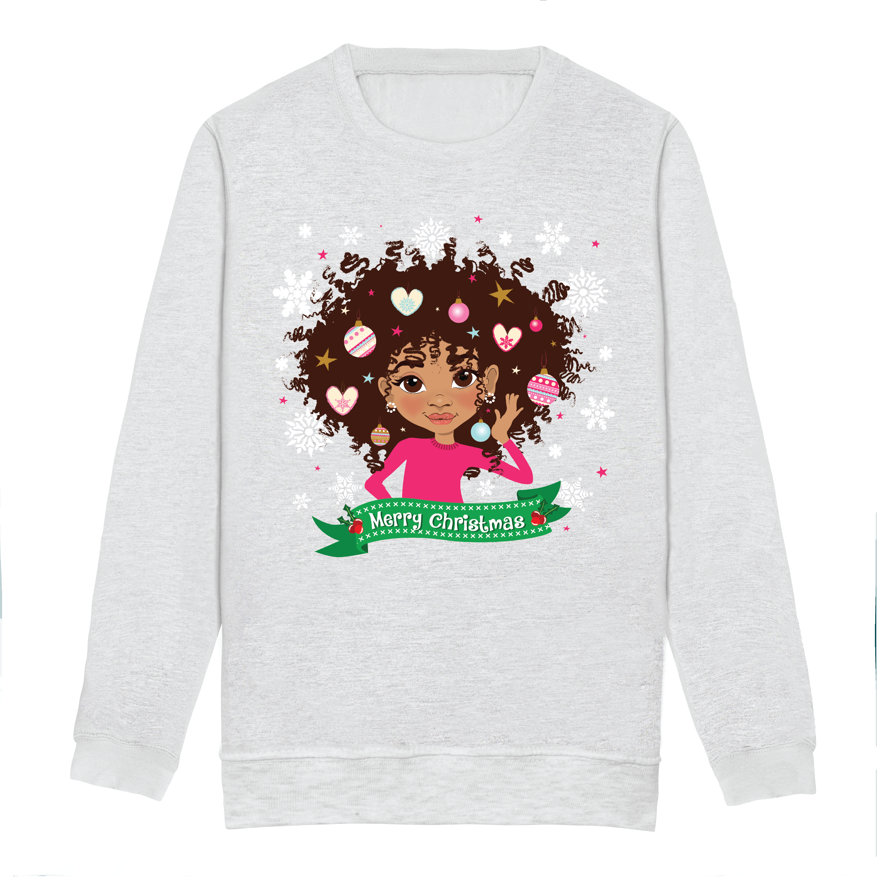 Front view of a grey children’s Christmas sweatshirt by Fefus Designs, featuring an illustrated mixed-race girl with an afro decorated for the festive season with Christmas ornaments, and stars. Crafted from soft cotton-faced fabric with ribbed collar, cuffs, and hem for a comfortable holiday wear that promotes representation.