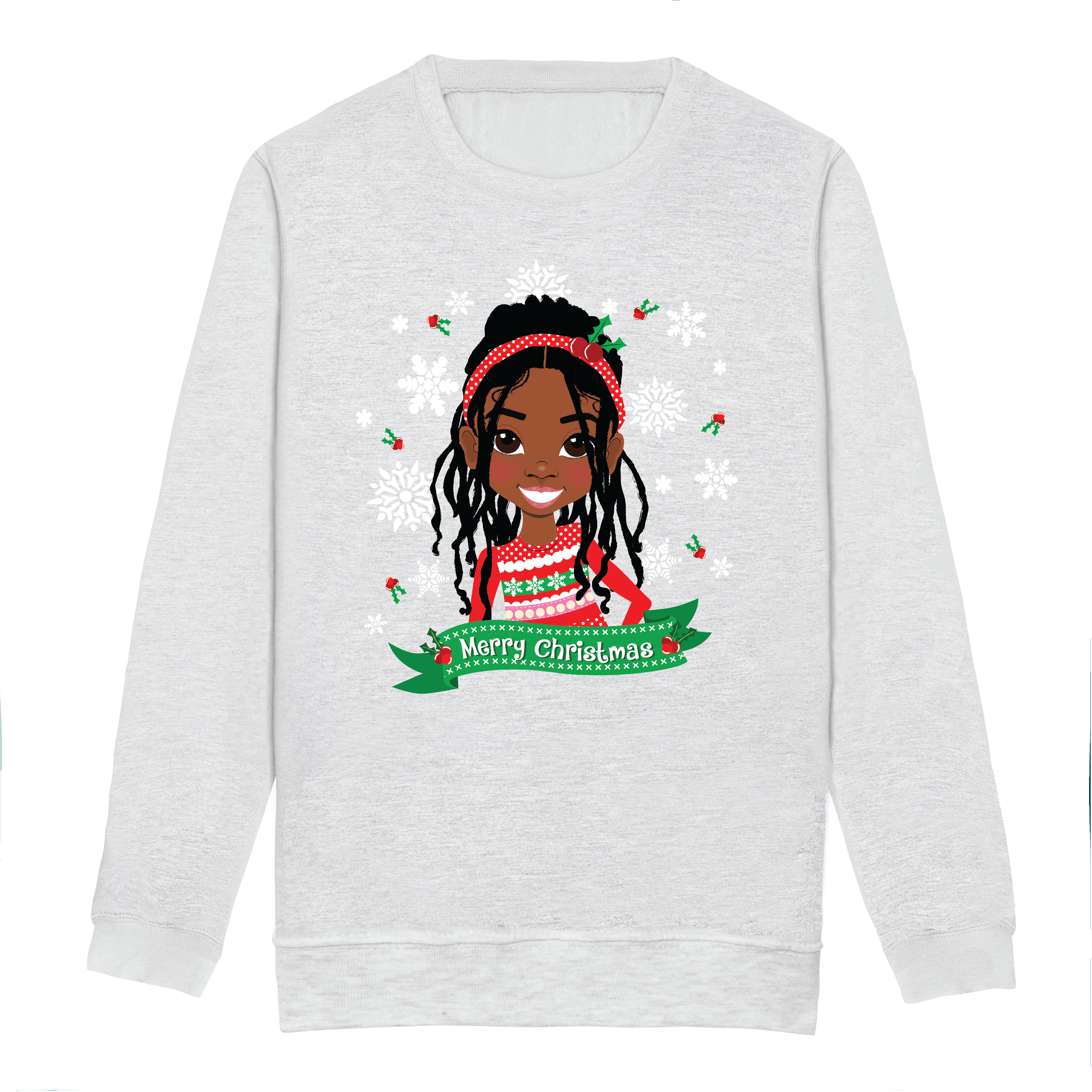 Front view of an ash grey children’s Christmas sweatshirt by Fefus Designs, showcasing an illustrated Black Rasta girl with locs adorned with a holly headband and Christmas jumper. Soft, cosy cotton fabric with ribbed details, ideal for holiday celebrations and representing inclusivity.