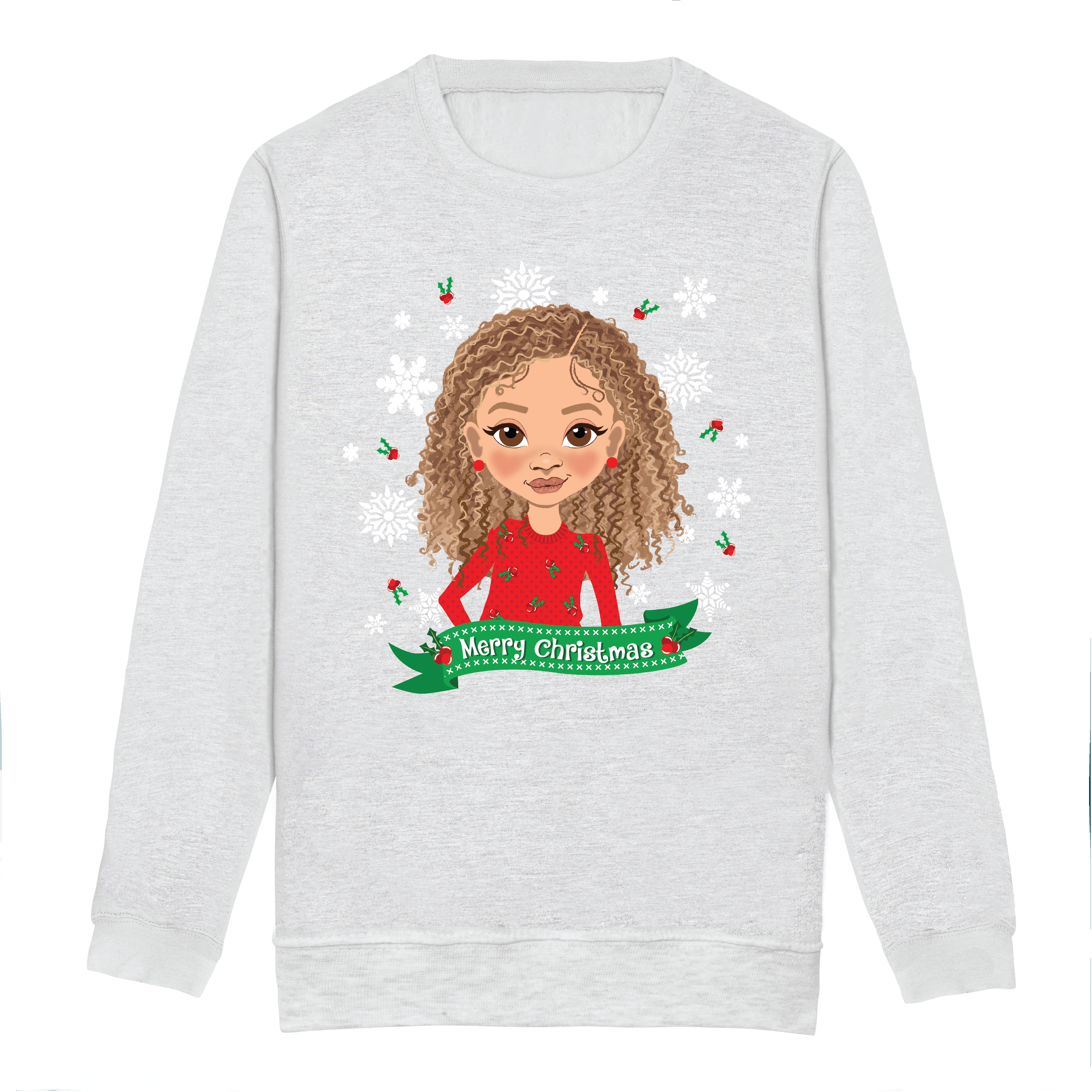 Front view of an ash grey children’s Christmas sweatshirt by Fefus Designs, showcasing an illustration of a biracial girl with curly hair in a red dress with holly decorations. Crafted from soft, cosy cotton fabric with ribbed details, ideal for festive winter wear while celebrating representation.