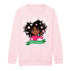 Front view of a pink children’s Christmas sweatshirt by Fefus Designs, featuring a beautifully illustrated black girl with a festive afro adorned in Christmas decorations, including ornaments, and stars. Made from soft cotton-faced fabric with ribbed collar, cuffs, and hem for comfort and warmth, this sweatshirt celebrates diversity and inclusivity.