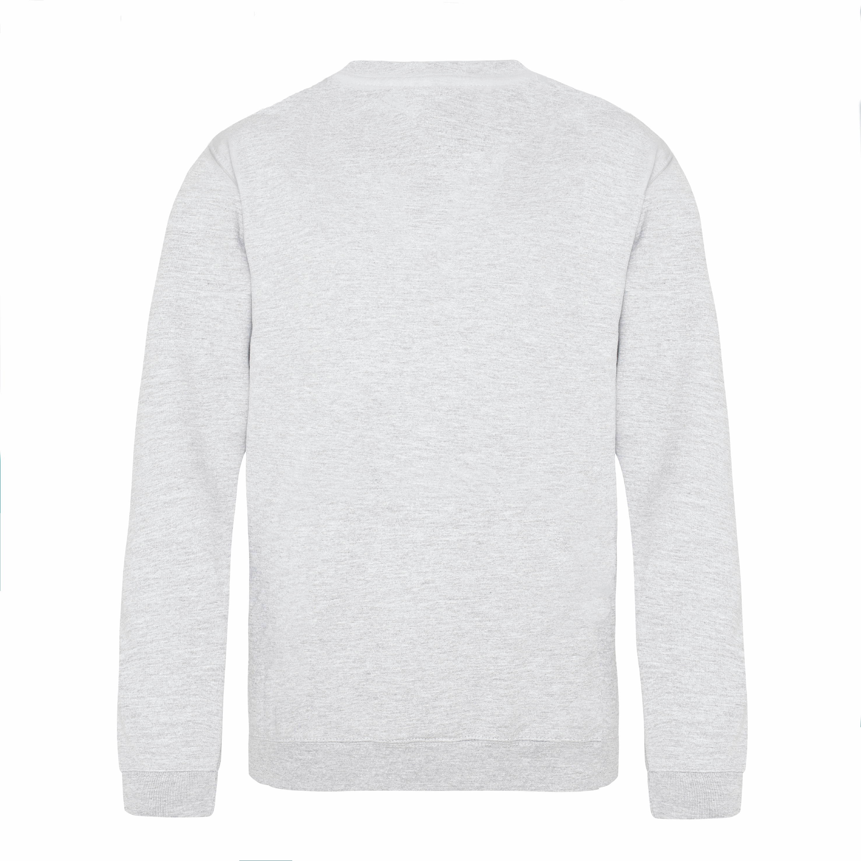 Back view of a grey children’s Christmas sweatshirt by Fefus Designs, showing a plain, solid-colour back with ribbed details at the collar, cuffs, and hem. Made from soft cotton fabric, perfect for layering during the festive season.