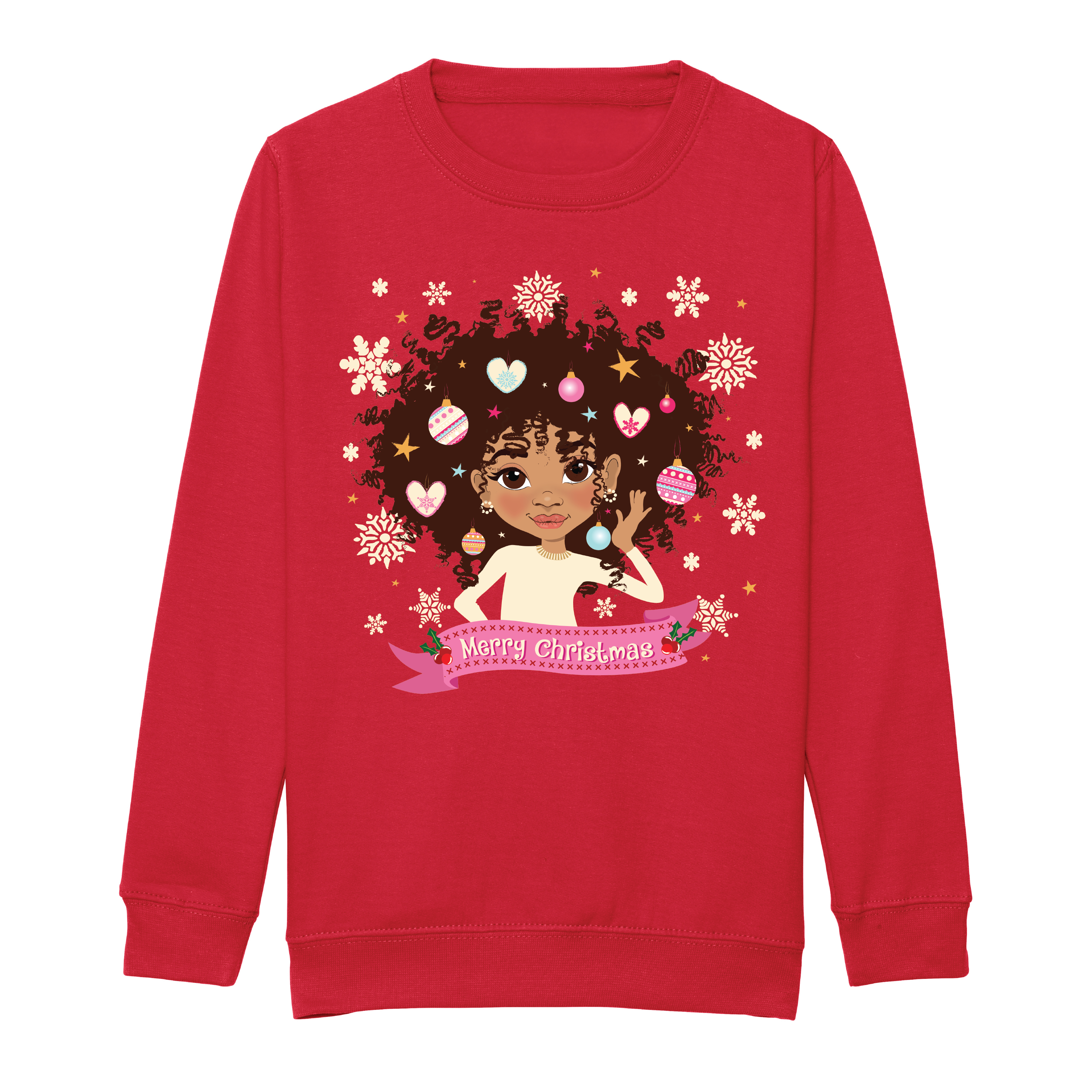 Front view of a red children’s Christmas sweatshirt by Fefus Designs, featuring a beautifully illustrated mixed-race girl with a festive afro adorned in Christmas decorations, including ornaments, and stars. Made from soft cotton-faced fabric with ribbed collar, cuffs, and hem for comfort and warmth, this sweatshirt celebrates diversity and inclusivity.