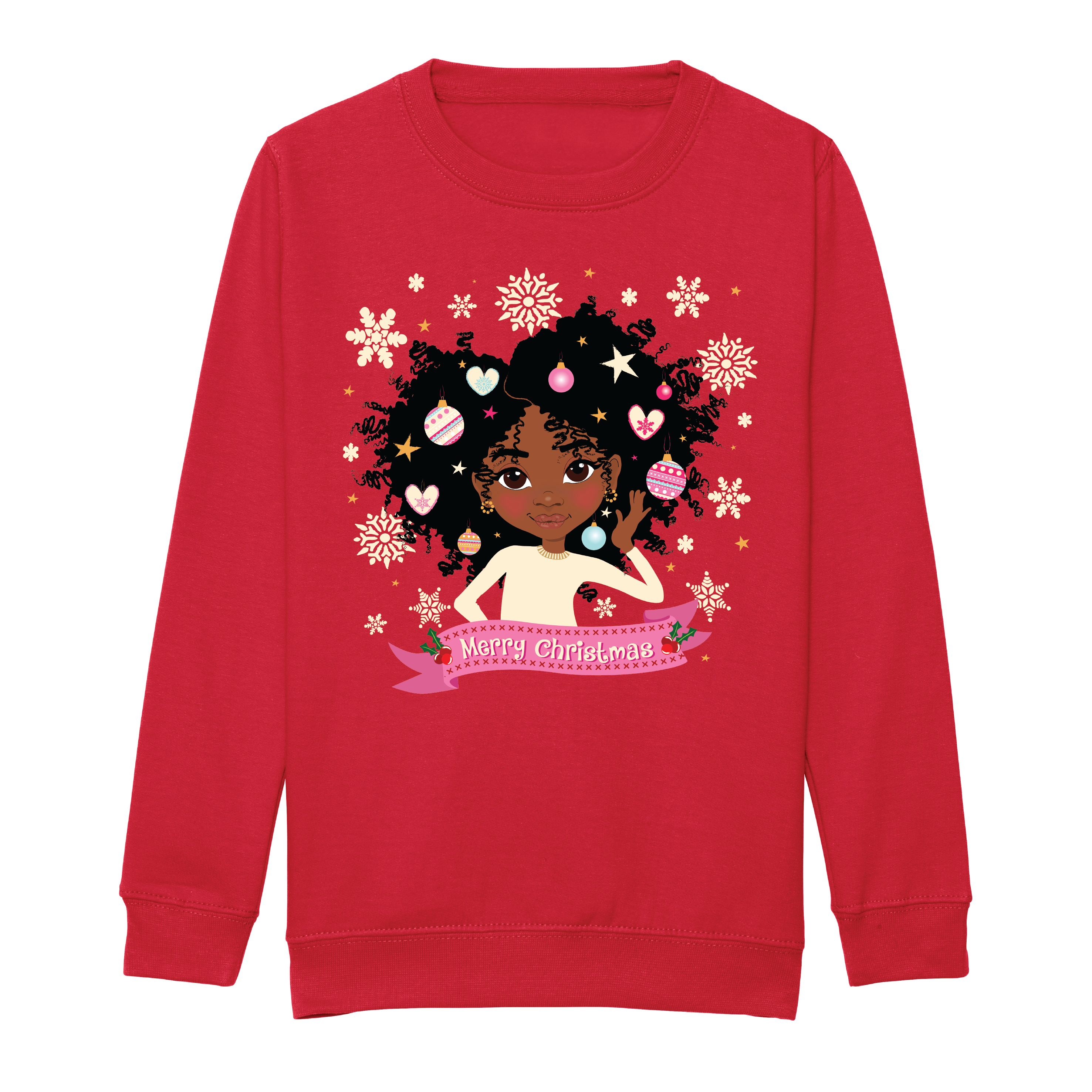 Front view of a red children’s Christmas sweatshirt by Fefus Designs, featuring an illustrated black girl with an afro decorated for the festive season with Christmas ornaments and stars. Crafted from soft cotton-faced fabric with ribbed collar, cuffs, and hem for a comfortable holiday wear that promotes representation.