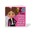Card with a young mixed race girl with afro puff. Illustration and text on a pink background