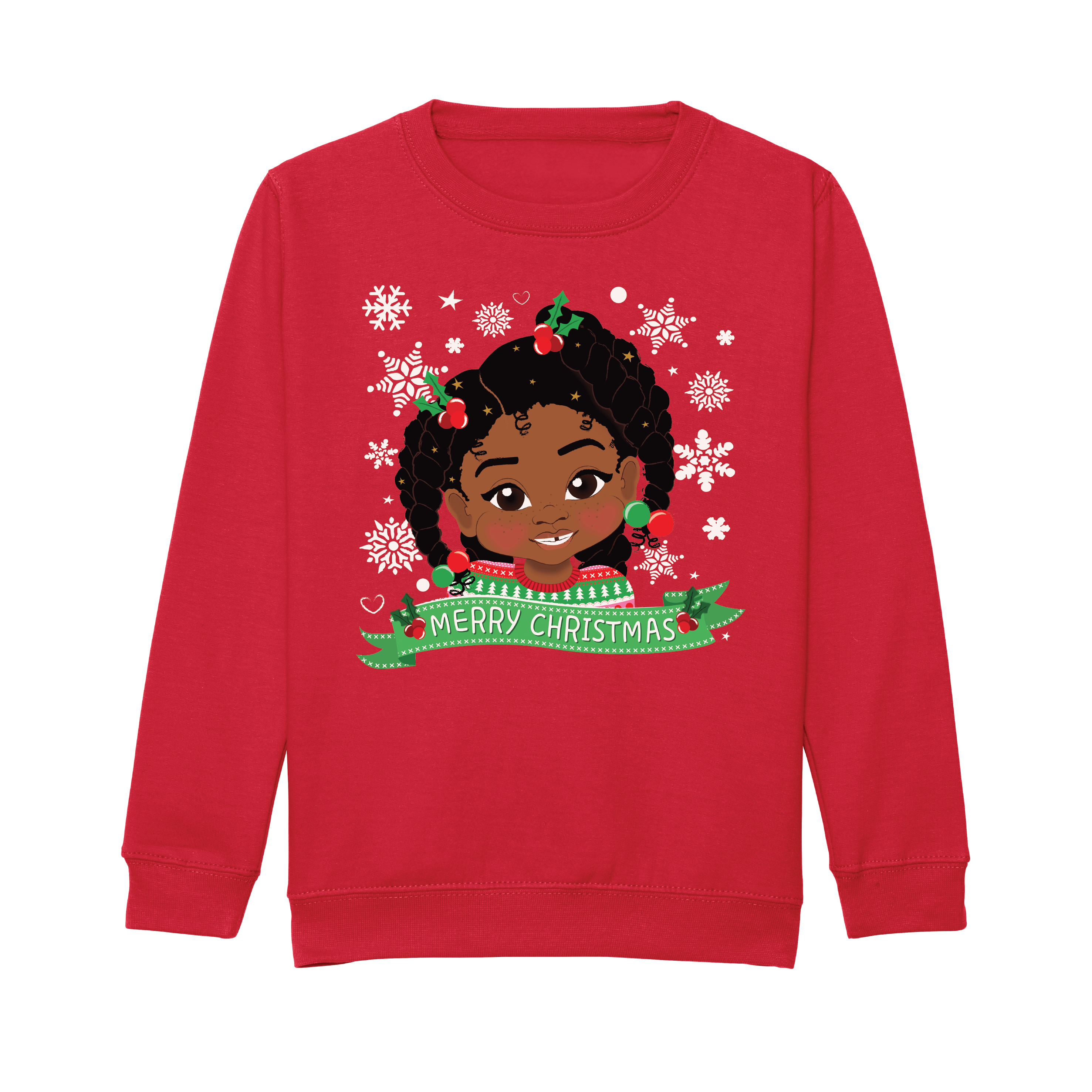 Front view of an red children’s Christmas sweatshirt by Fefus Designs, showcasing an illustration of a Black girl with big afro twists adorned with holly bubble decorations. Crafted from cosy, soft cotton fabric with ribbed details, this sweatshirt embodies inclusivity and warmth for the holiday season.