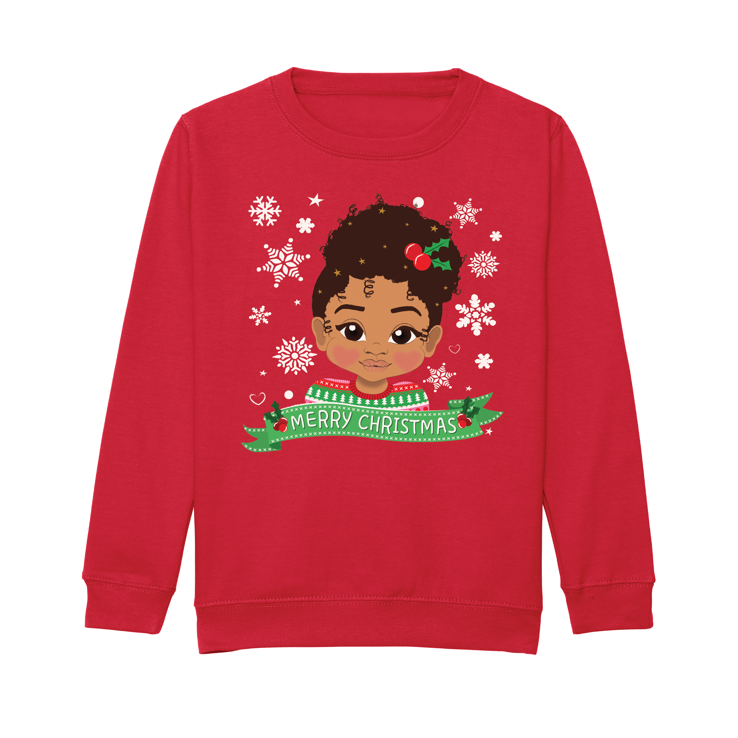 Front view of a red children’s Christmas sweatshirt by Fefus Designs, showcasing a Mixed Race girl with an Afro Puff and holly decoration. Made from cosy cotton fabric with ribbed edges, perfect for the festive season and promoting diversity.