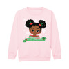 Front view of a pink Christmas sweatshirt by Fefus Designs, featuring a Black girl with Afro Puffs adorned with a festive holly hair bubble. Soft cotton with ribbed edges, promoting diversity and celebrating Black girl magic.