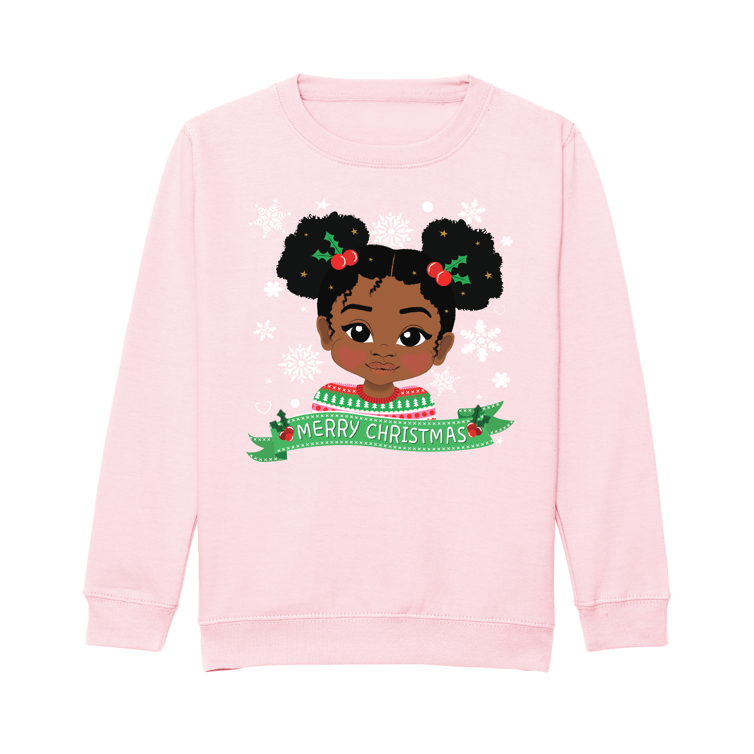 Front view of a pink Christmas sweatshirt by Fefus Designs, featuring a Black girl with Afro Puffs adorned with a festive holly hair bubble. Soft cotton with ribbed edges, promoting diversity and celebrating Black girl magic.