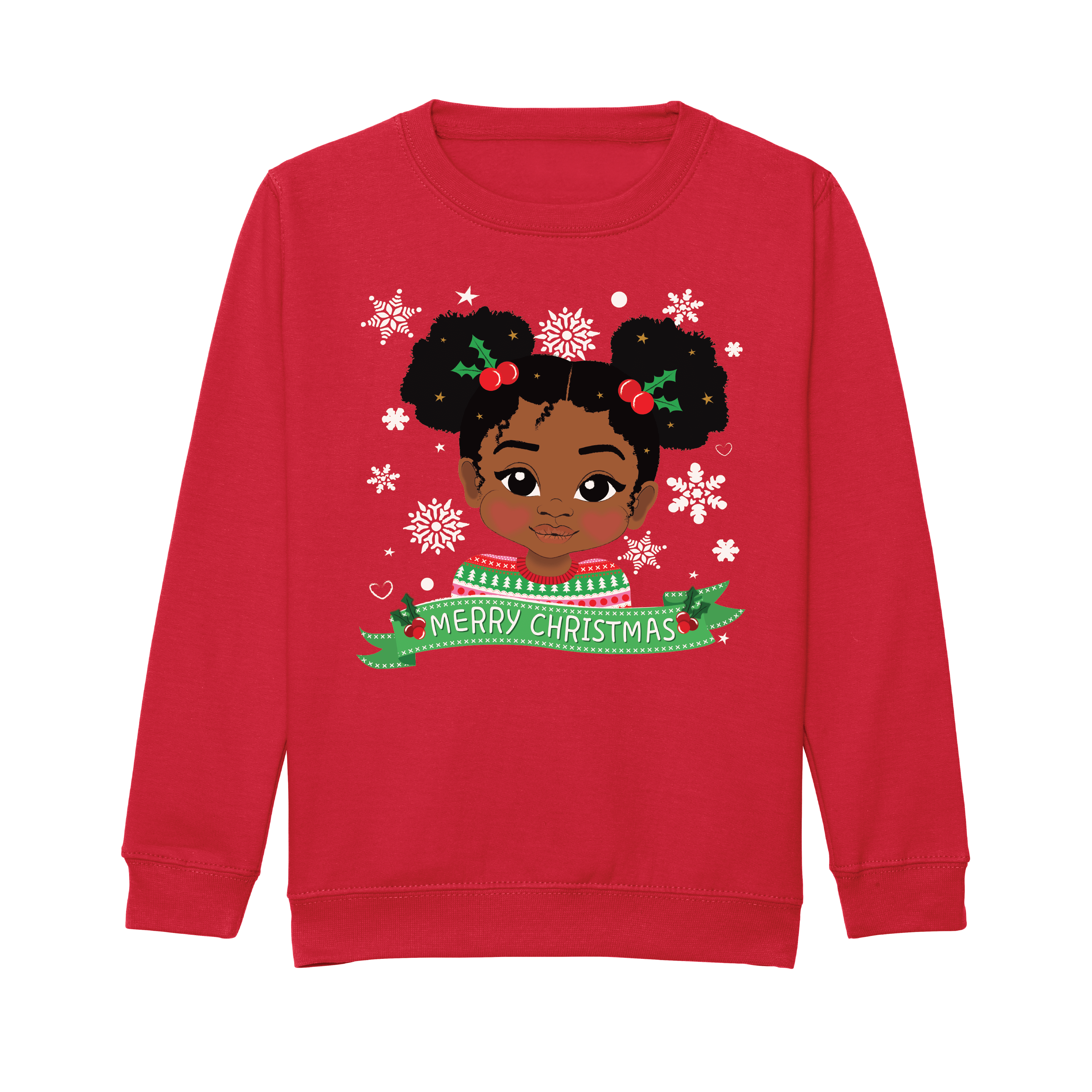 Front view of a red Christmas sweatshirt by Fefus Designs, showcasing an illustration of a Black girl with Afro Puffs and holly decorations in her hair. Made from cosy cotton fabric with ribbed details, perfect for holiday festivities and representing inclusivity.