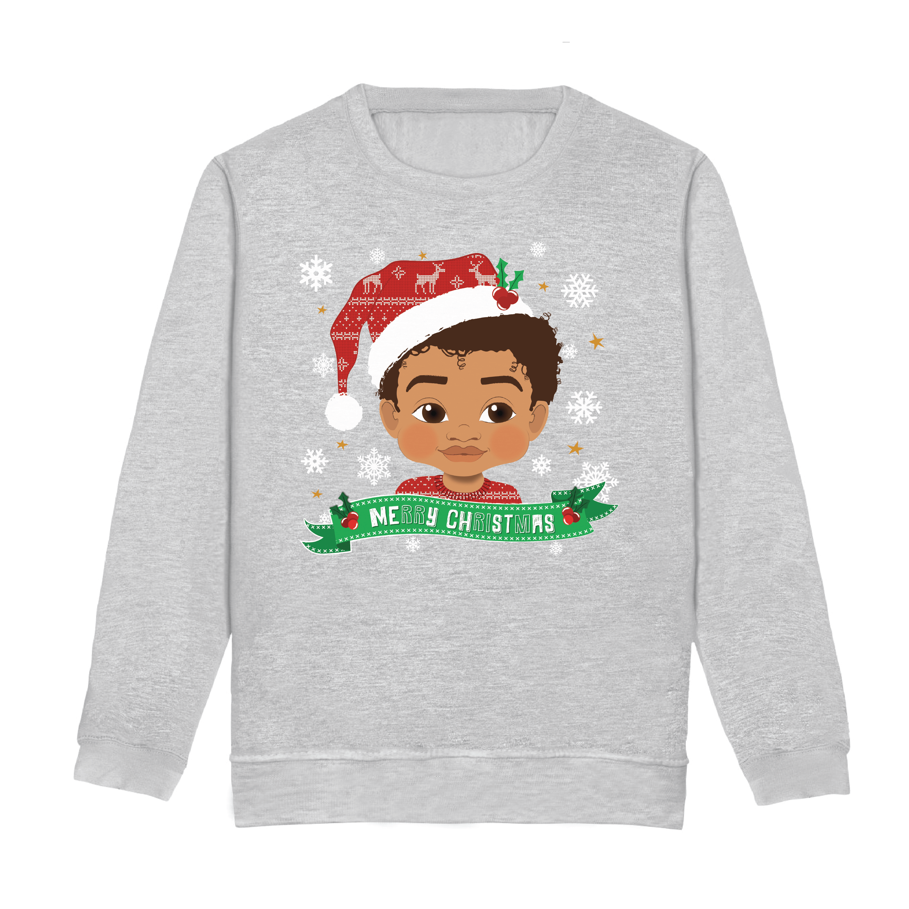 Mixed Race Boy Santa Hat Christmas Sweatshirt – Holiday Jumper | Fefus Designs