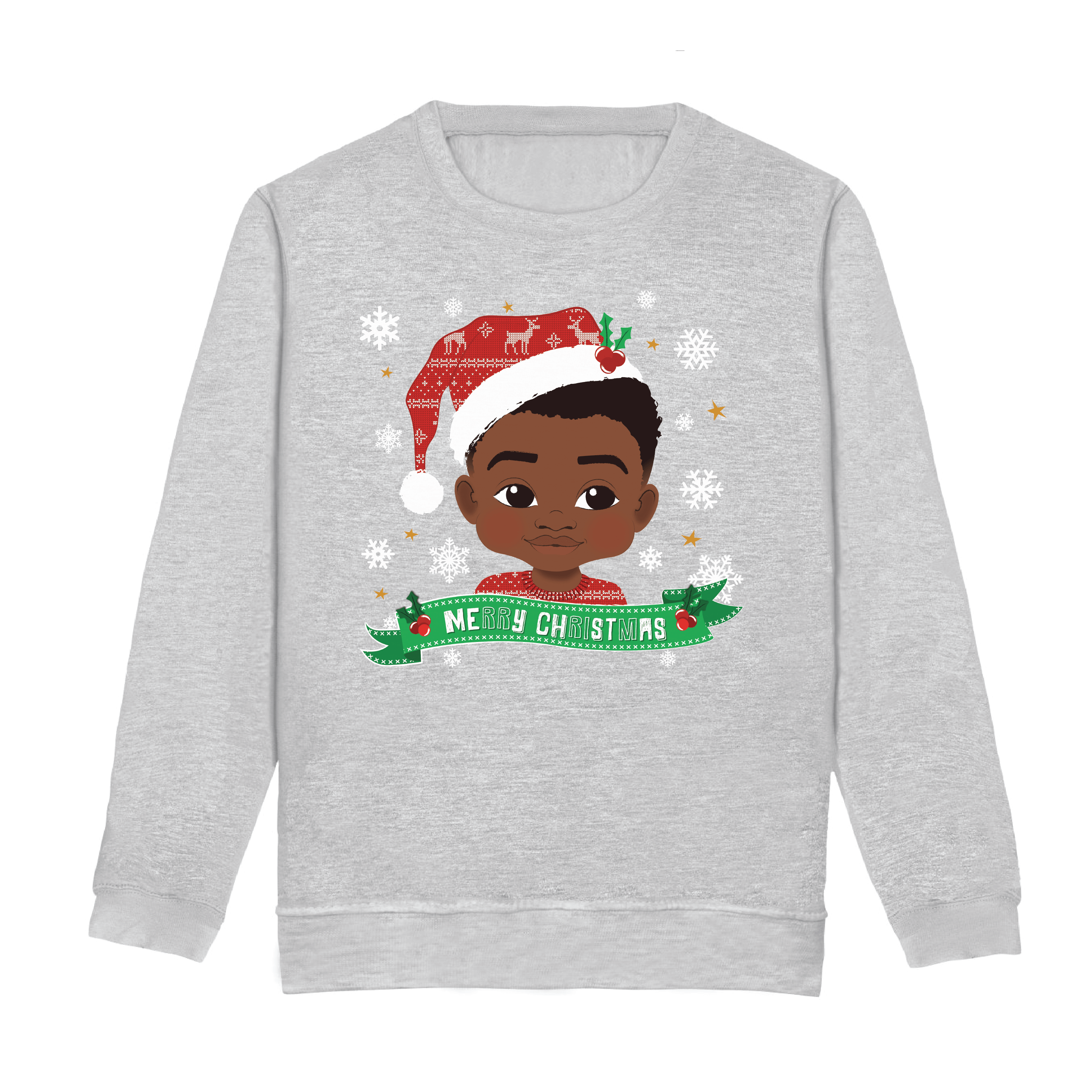 Front view of an ash grey children’s Christmas sweatshirt by Fefus Designs, featuring a Black boy in a Santa hat decorated with holly. Soft and warm cotton with ribbed edges, perfect for festive celebrations.