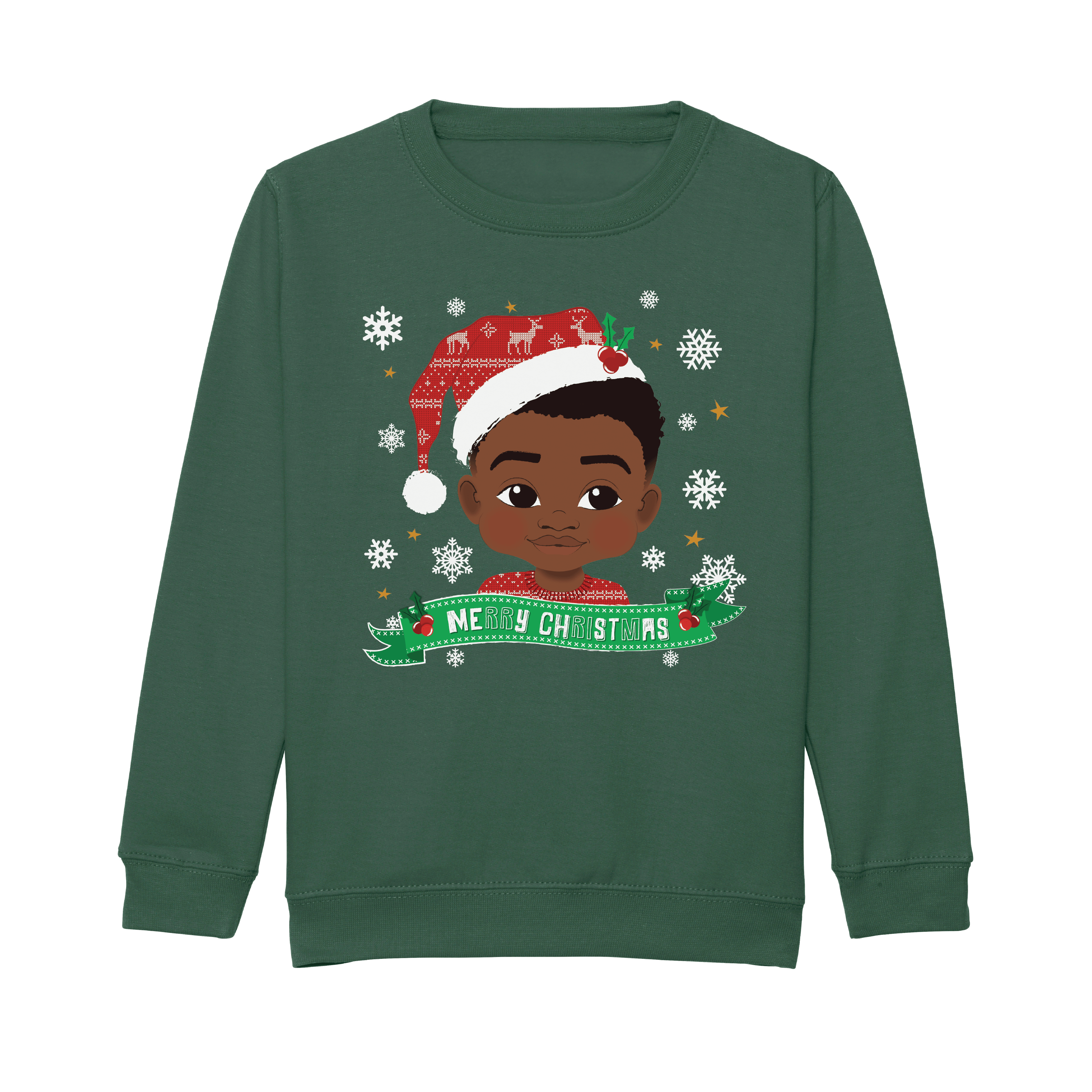 Front view of a green Christmas sweatshirt by Fefus Designs, featuring a Black boy wearing a Santa hat with festive holly. Made from soft cotton with ribbed edges, celebrating black boy joy and holiday cheer.