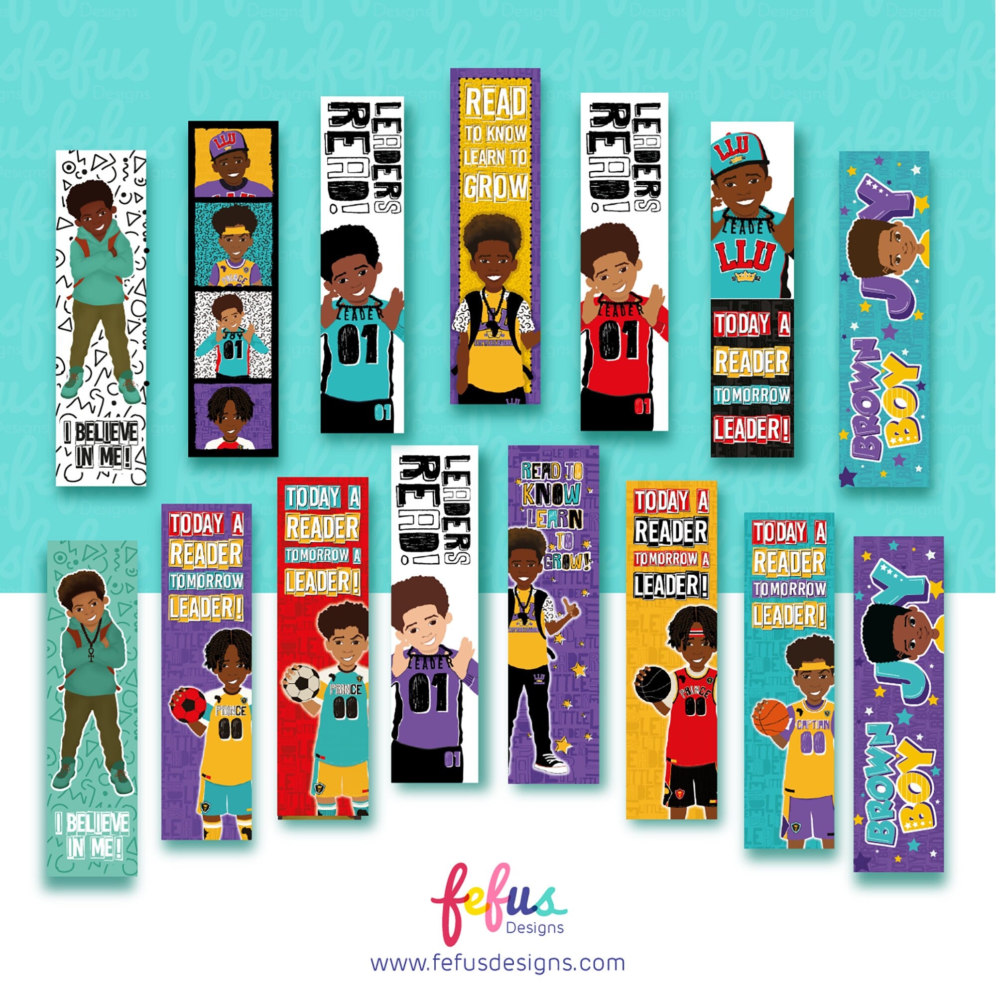 Leaders Read Kids Bookmarks | Diverse Books | Gifts for Bookworms | Readers | Black Brown Boy Joy Art | Empowering Gifts for Boy | Fefus