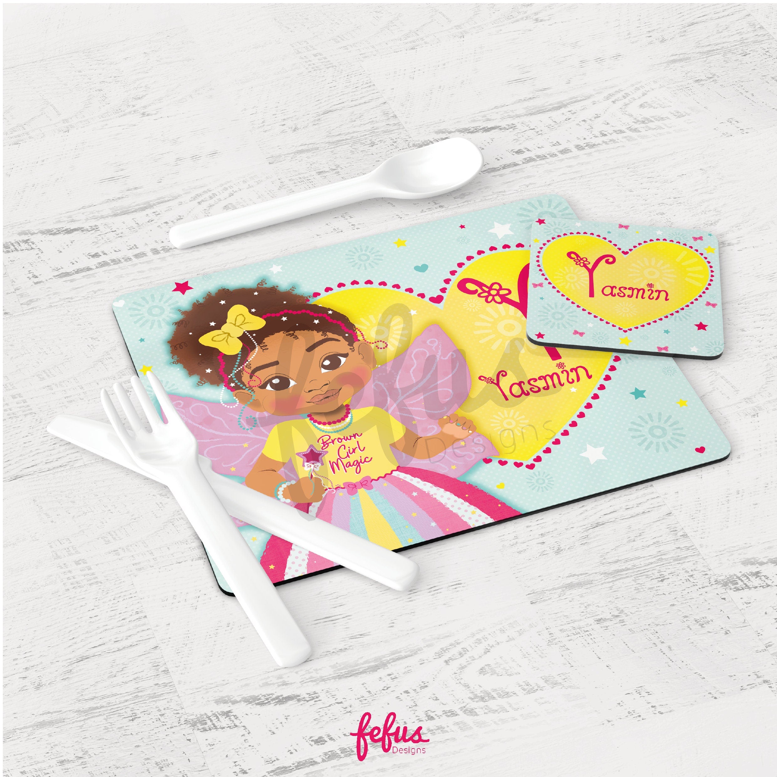 Personalised Mixed Girl Magic Placement & Coaster Set | African American Girls Custom Name Gift For Kids Dinner Set, Tableware Gift for Kids