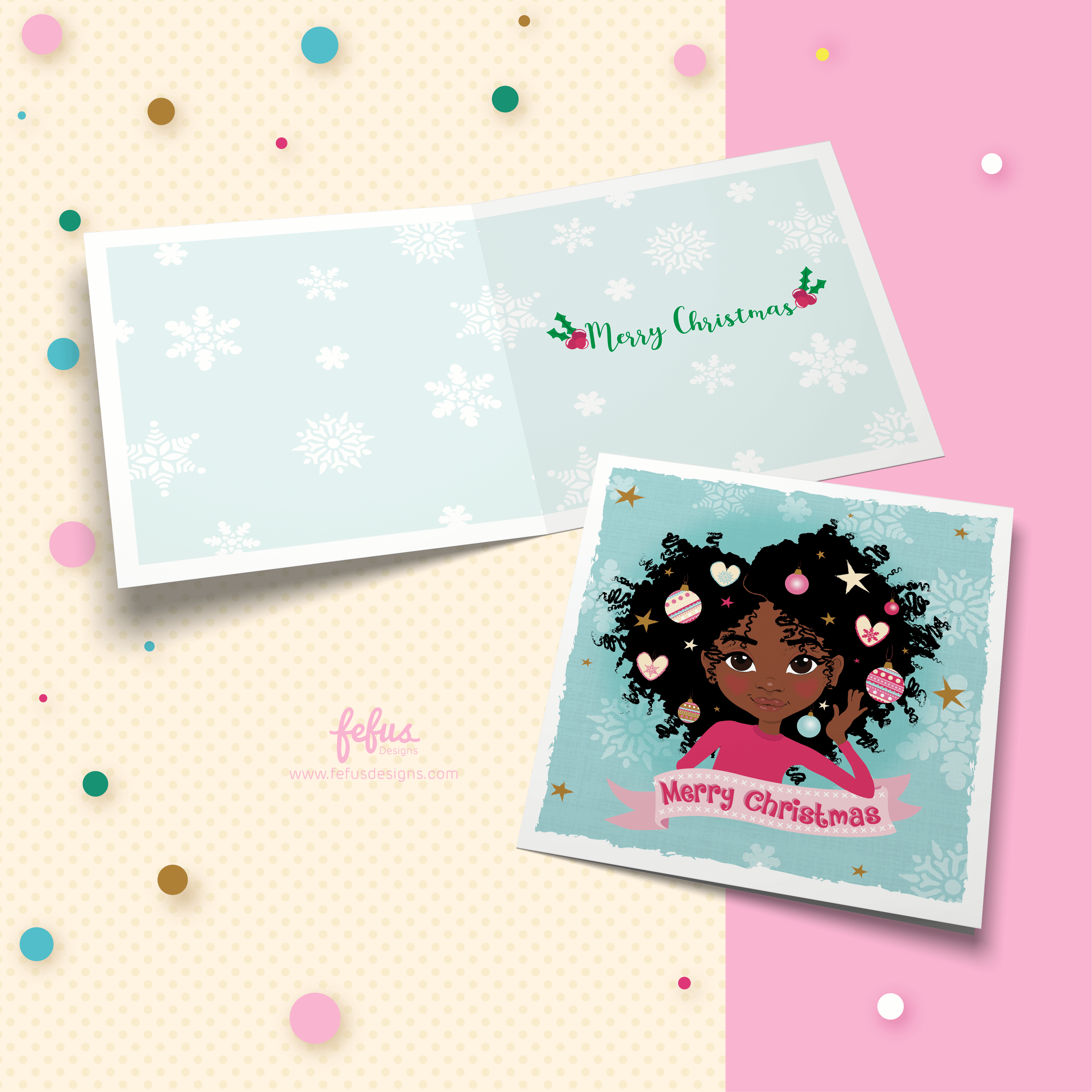 Merry Christmas Black Afro Princess Card | Diverse Kids Holiday Greeting | Fefus Designs