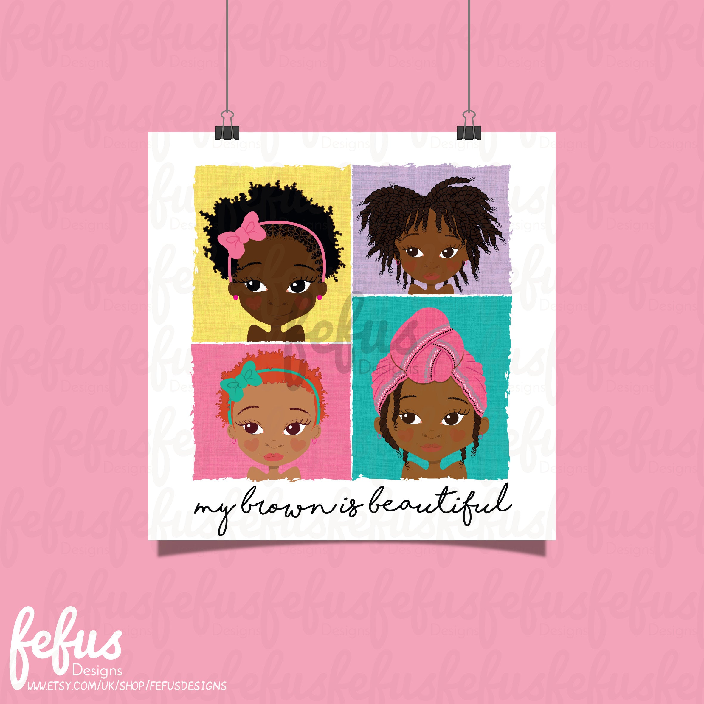 4 BROWN GIRLS WALL ART featuring 4 brown gils wearing afro hairstyles.