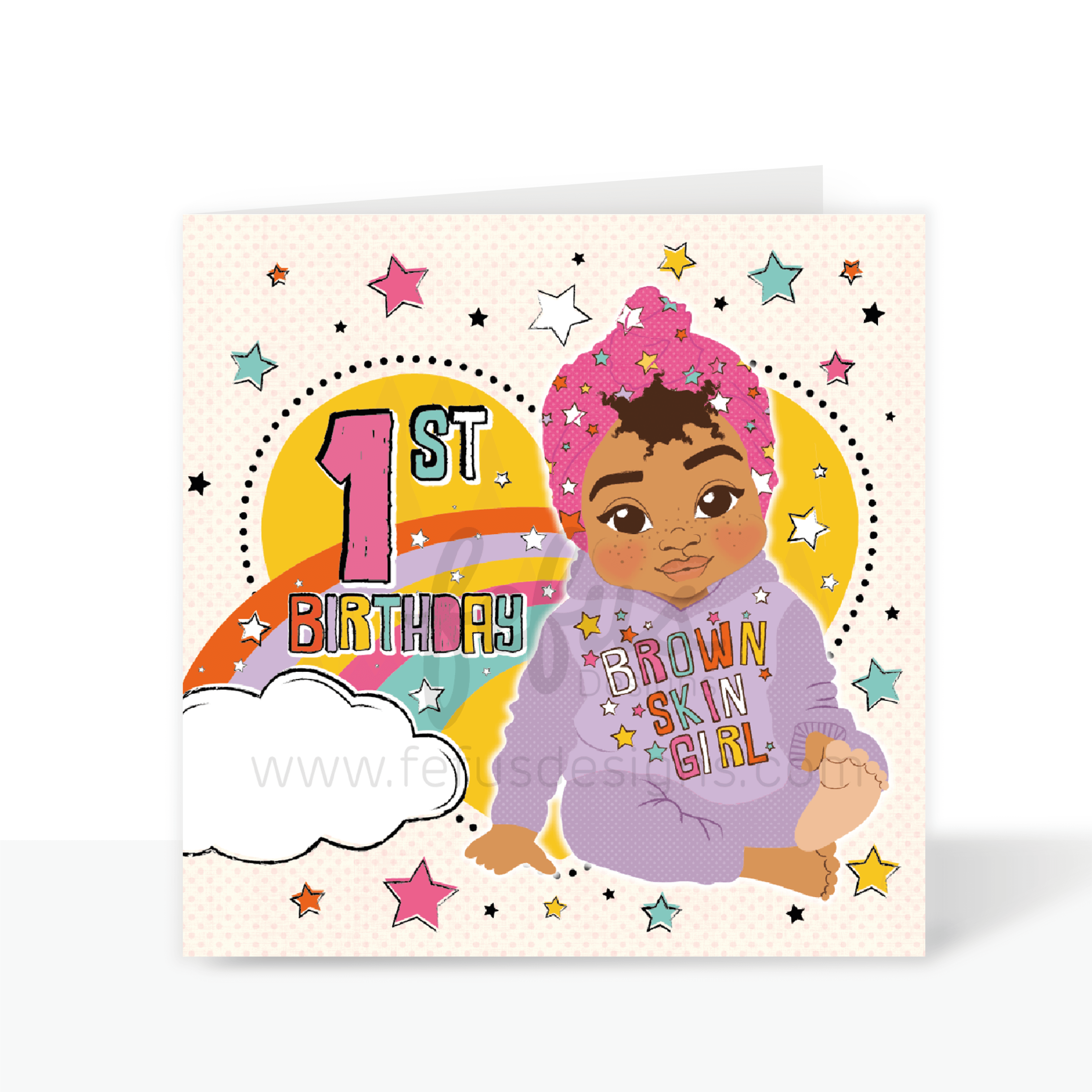 A vibrant square 1st birthday greeting card for girls, featuring a joyful hand-drawn illustration of a mixed-race girl with afro puffs on a colourful background with the text 