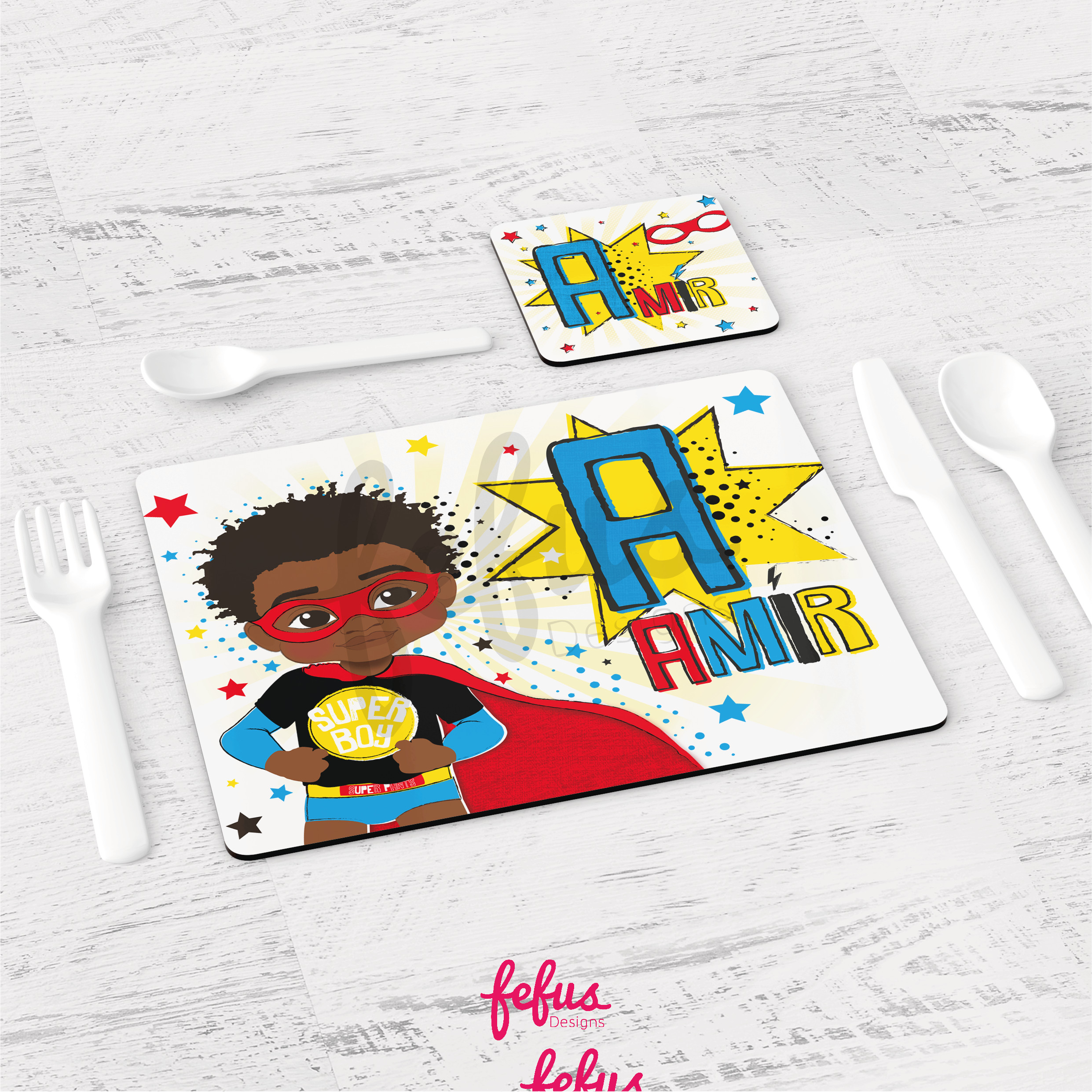 Personalised Black Super Hero Afro Boy Placement & Coaster Set