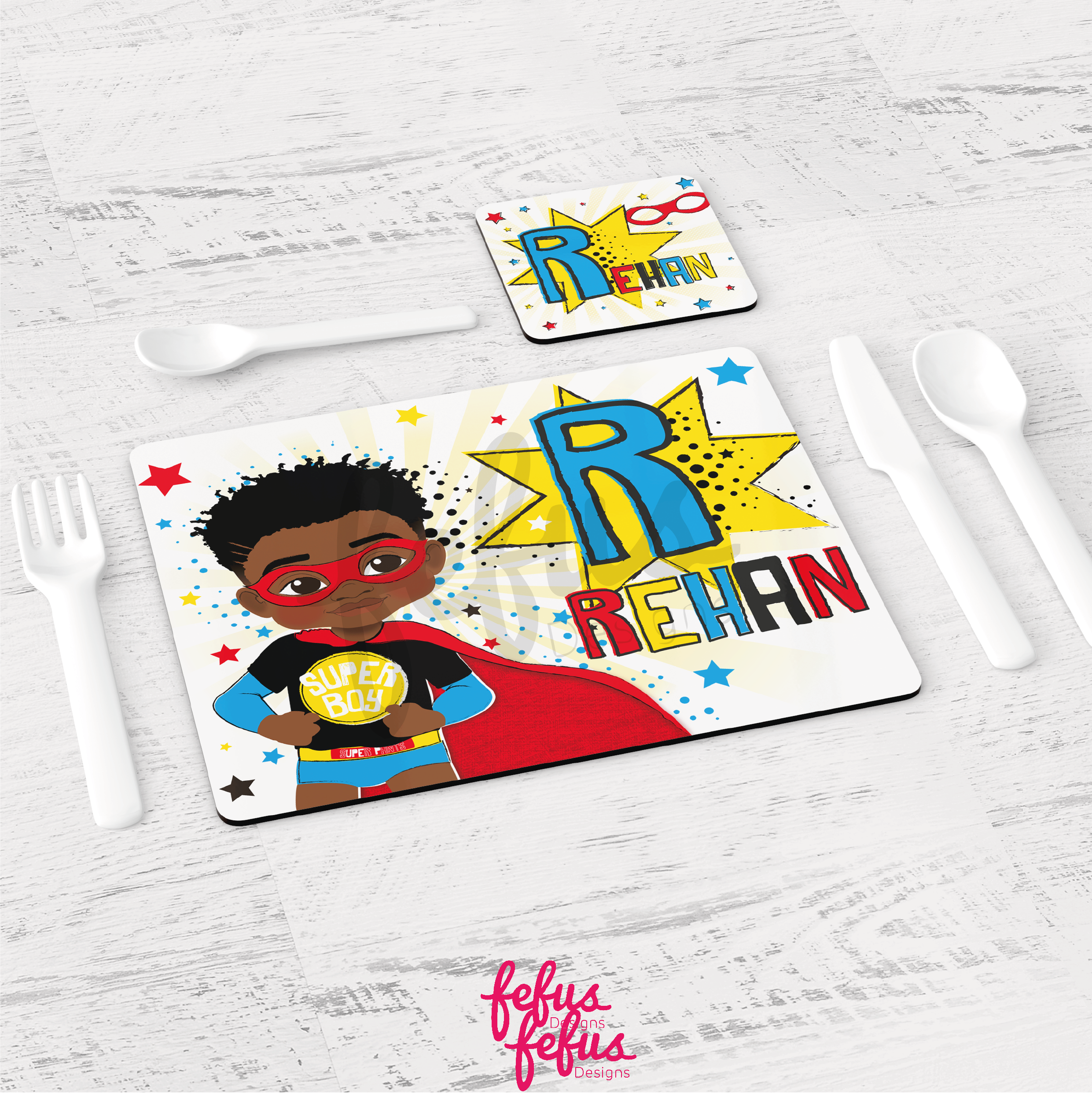 Personalised Black Super Hero Boy Placement & Coaster Set