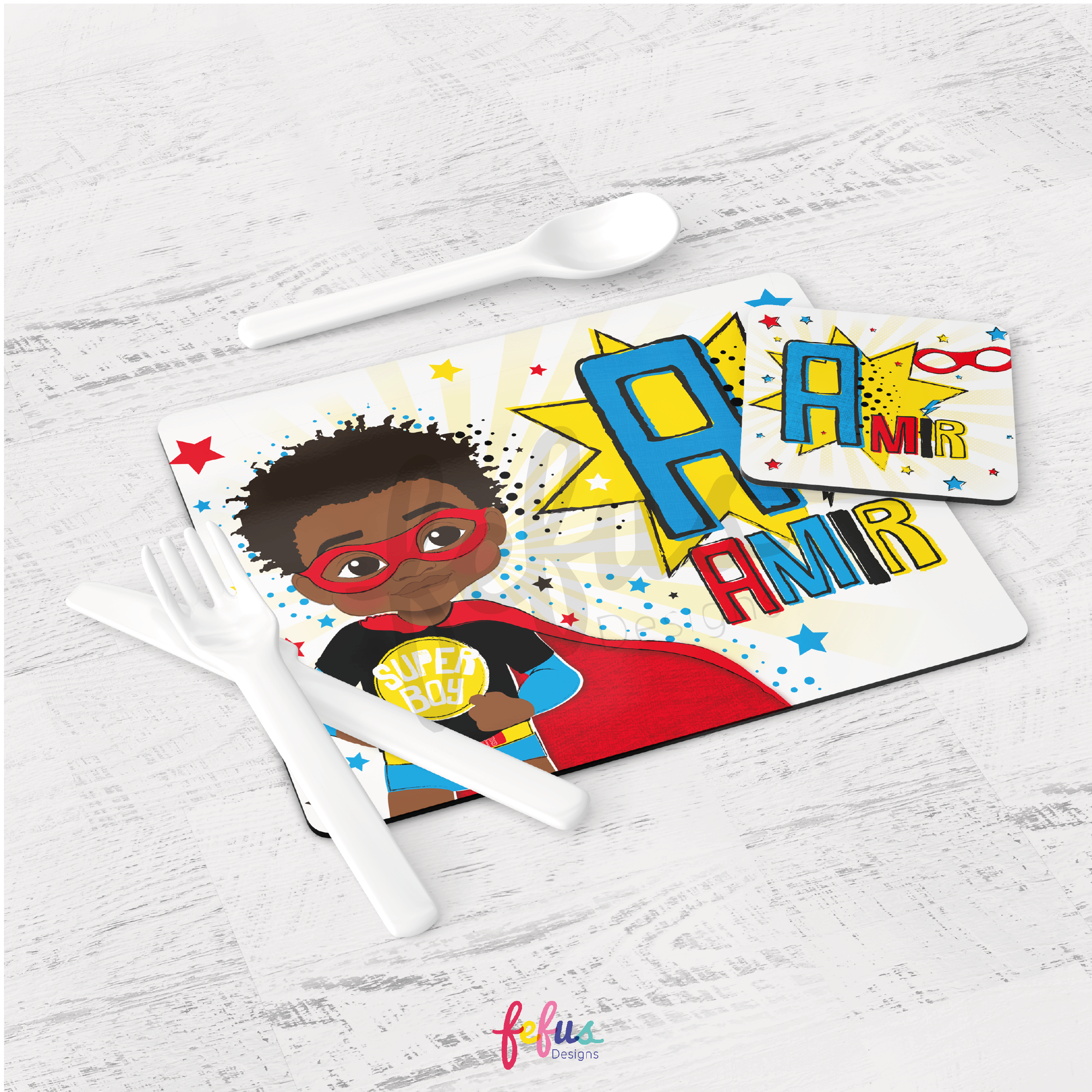 Personalised Black Super Hero Afro Boy Placement & Coaster Set