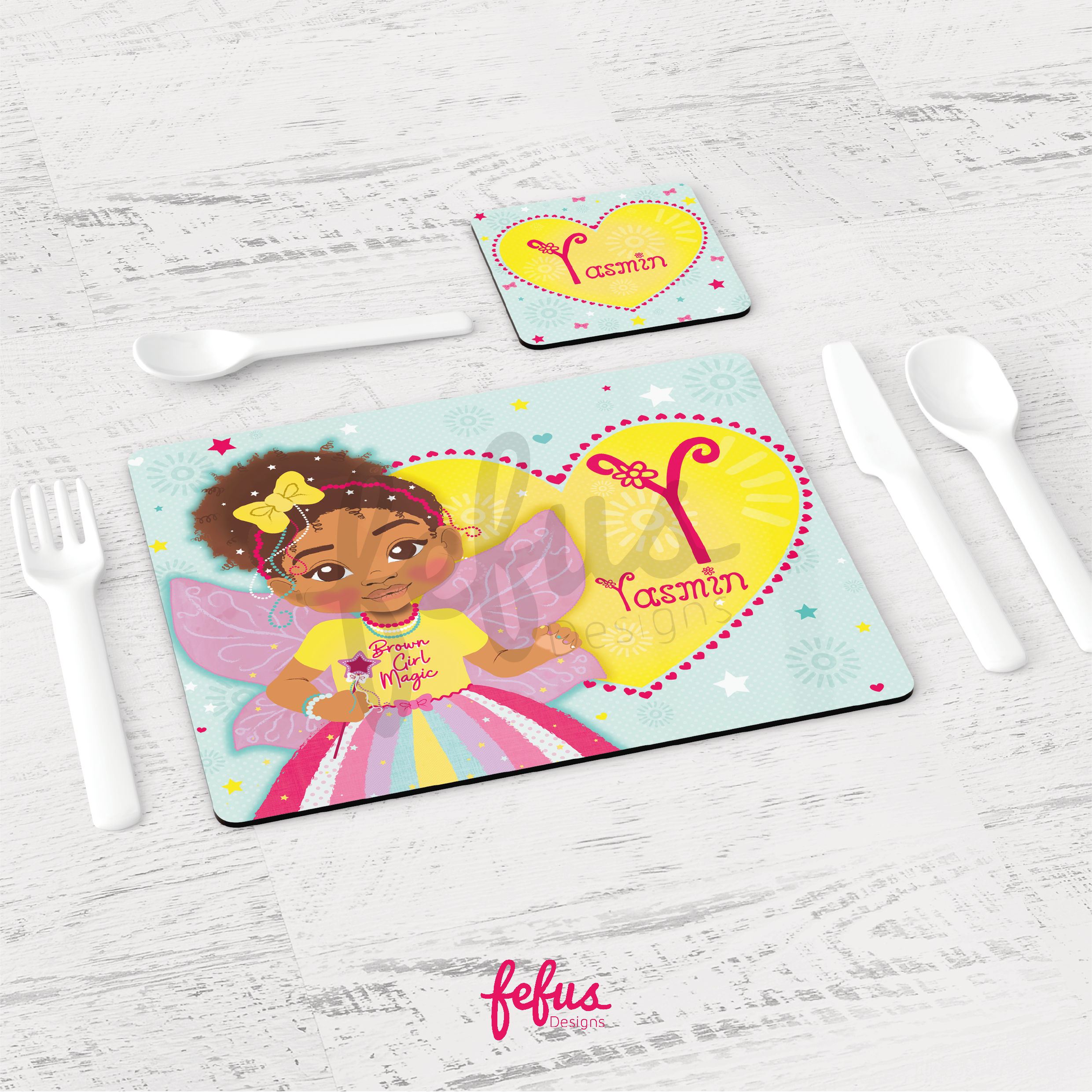 Personalised Bi-Racial Fairy Girl Placement & Coaster Set