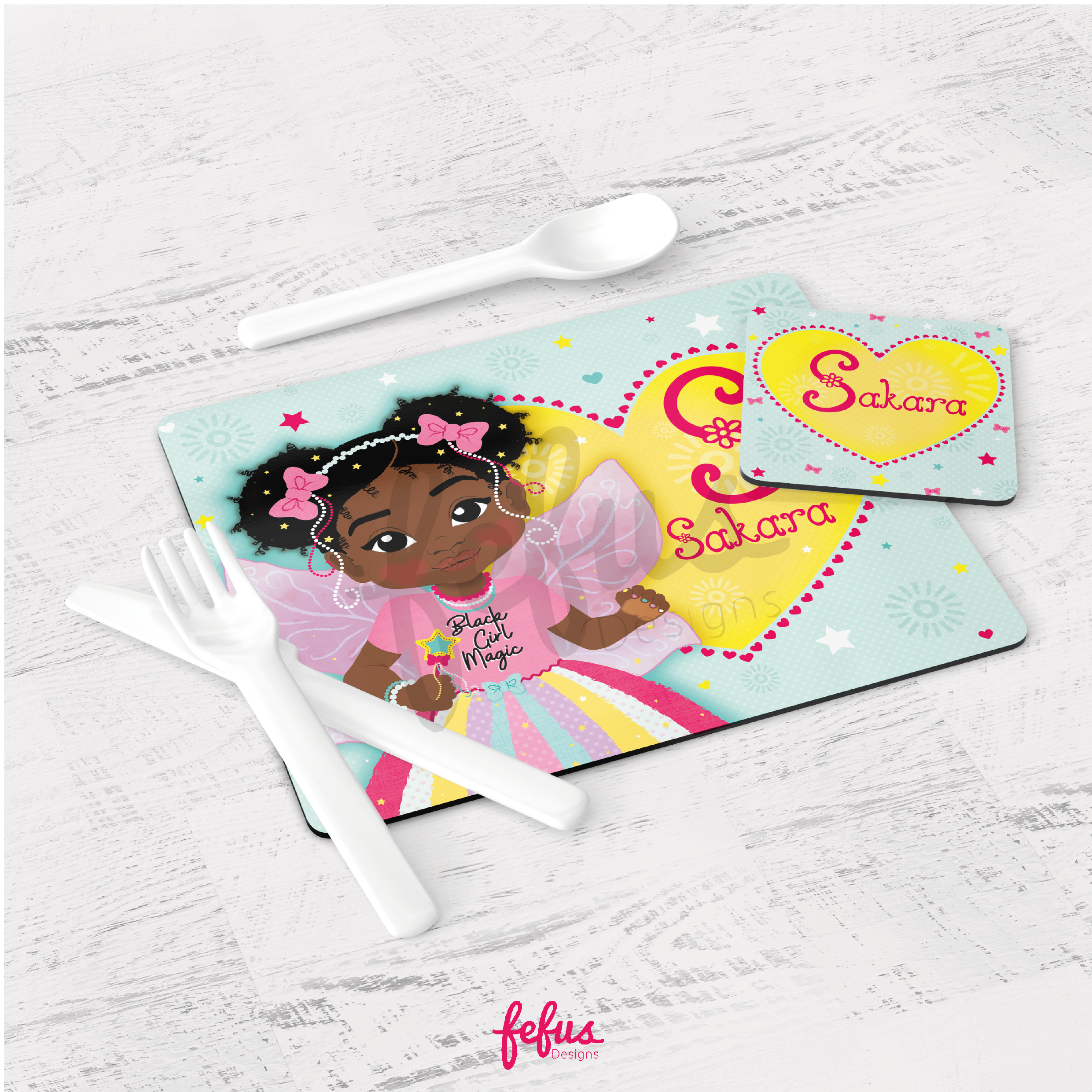 Personalised Black Fairy Girl Placement & Coaster Set