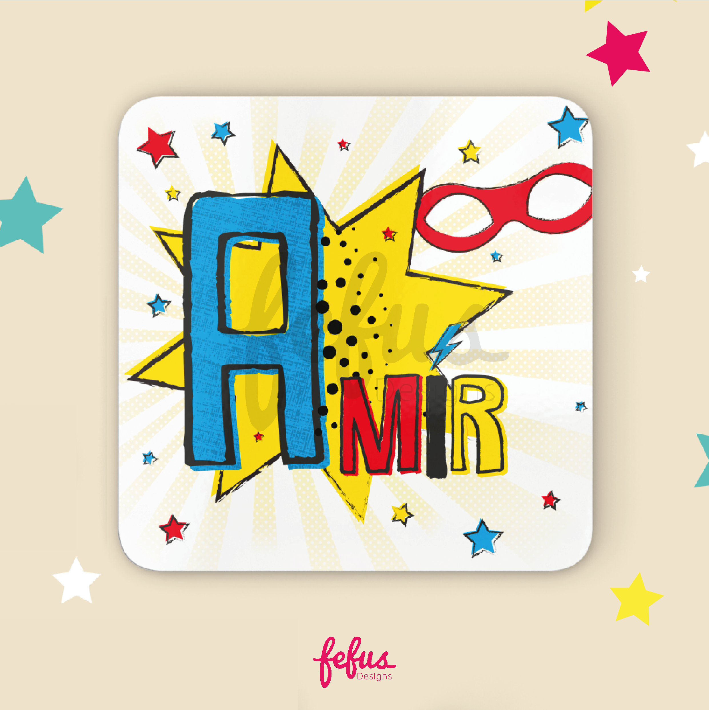 Personalised Black Super Hero Afro Boy Placement & Coaster Set