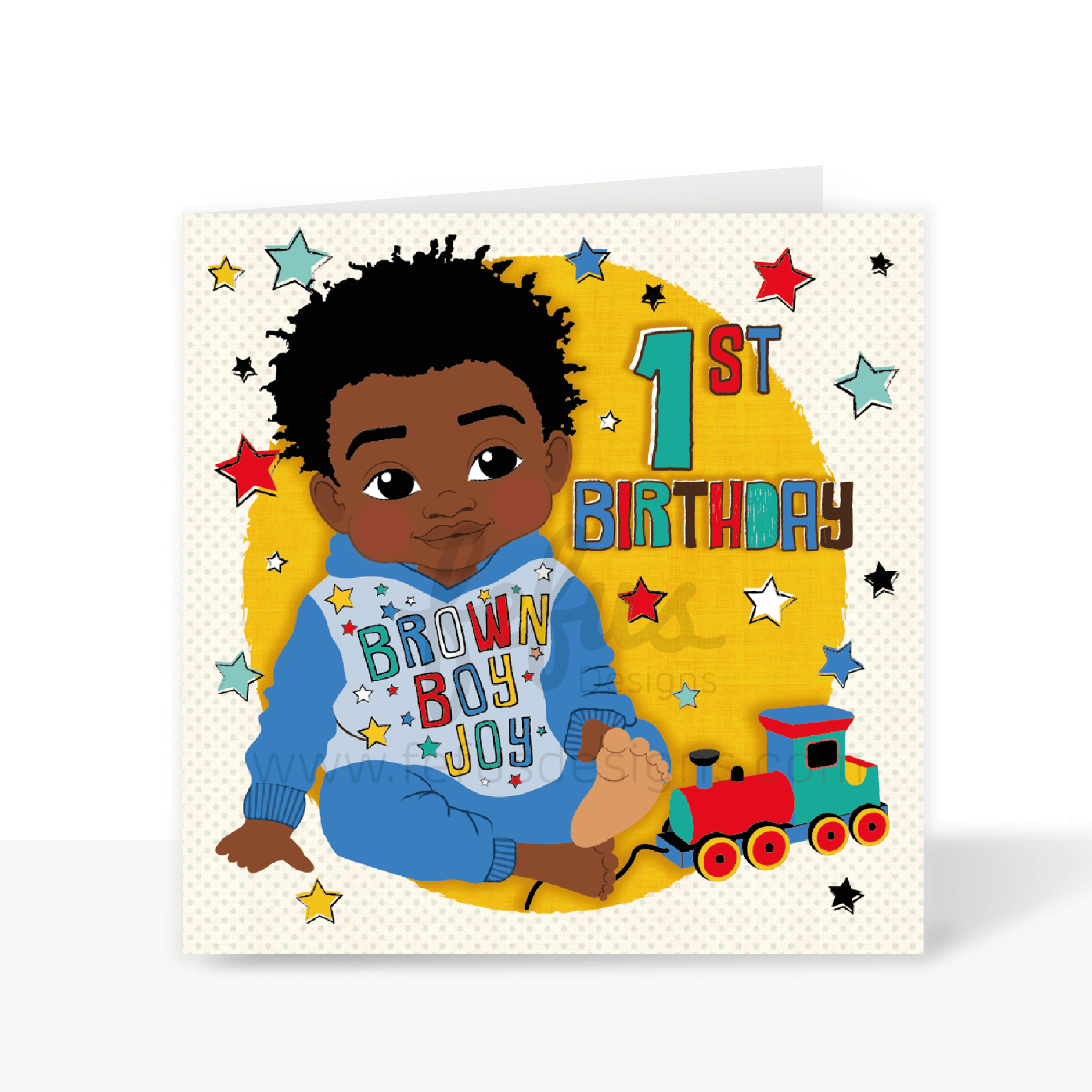 A vibrant and colourful square 1st birthday greeting card for boys, featuring an hand-drawn illustration of a joyful black boy smiling, with the text 